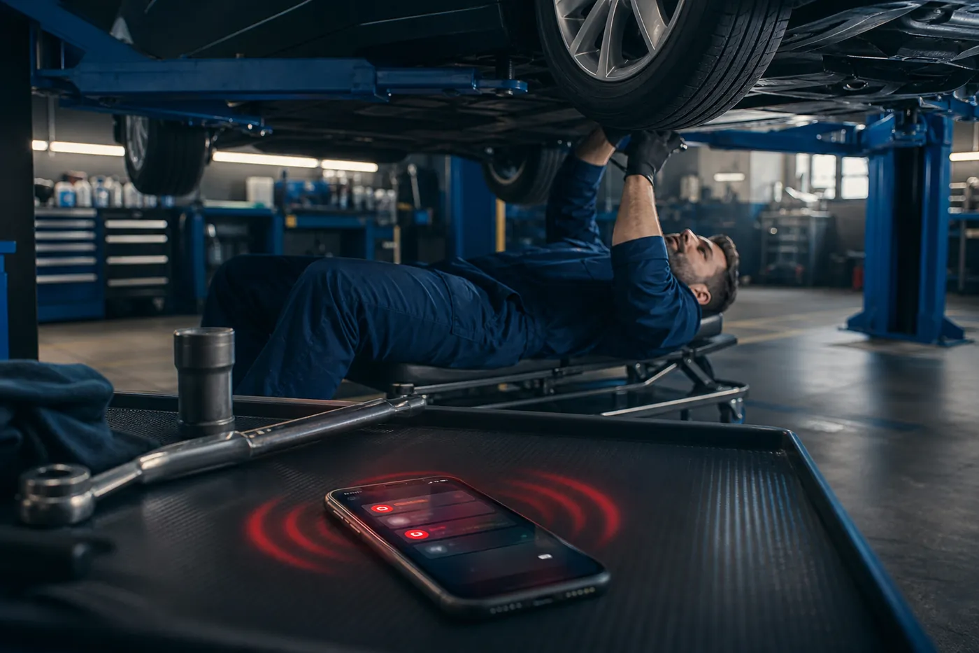 Auto repair shop with mechanic working on a vehicle while the shop phone shows missed calls