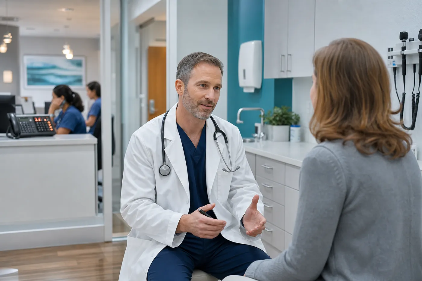 Medical clinic with doctor and patient while multiple phone calls wait on hold