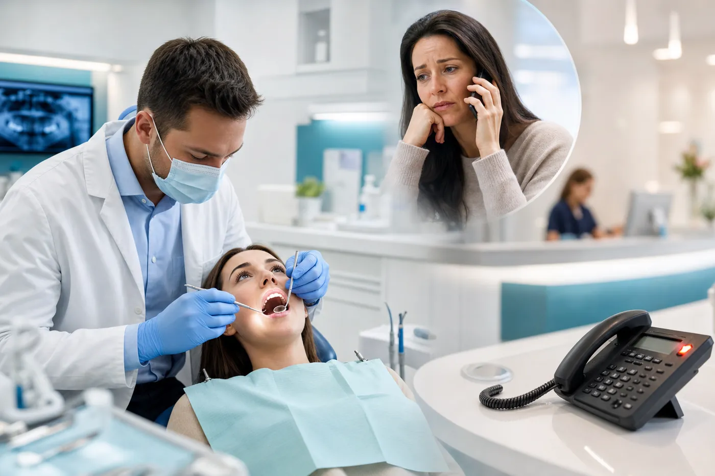 Dental practice with dentist treating a patient while the reception phone rings