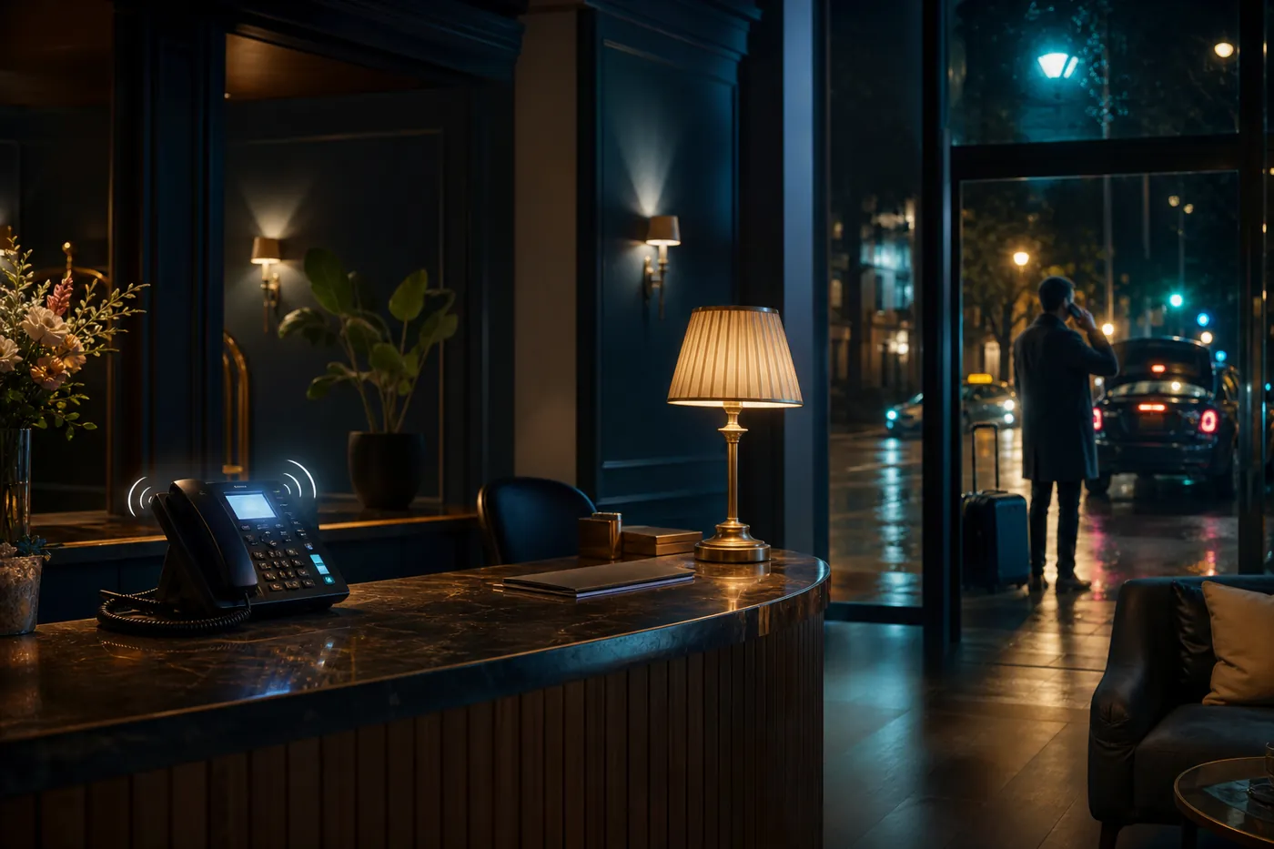 Hotel front desk at night with phone ringing while guests wait to check in