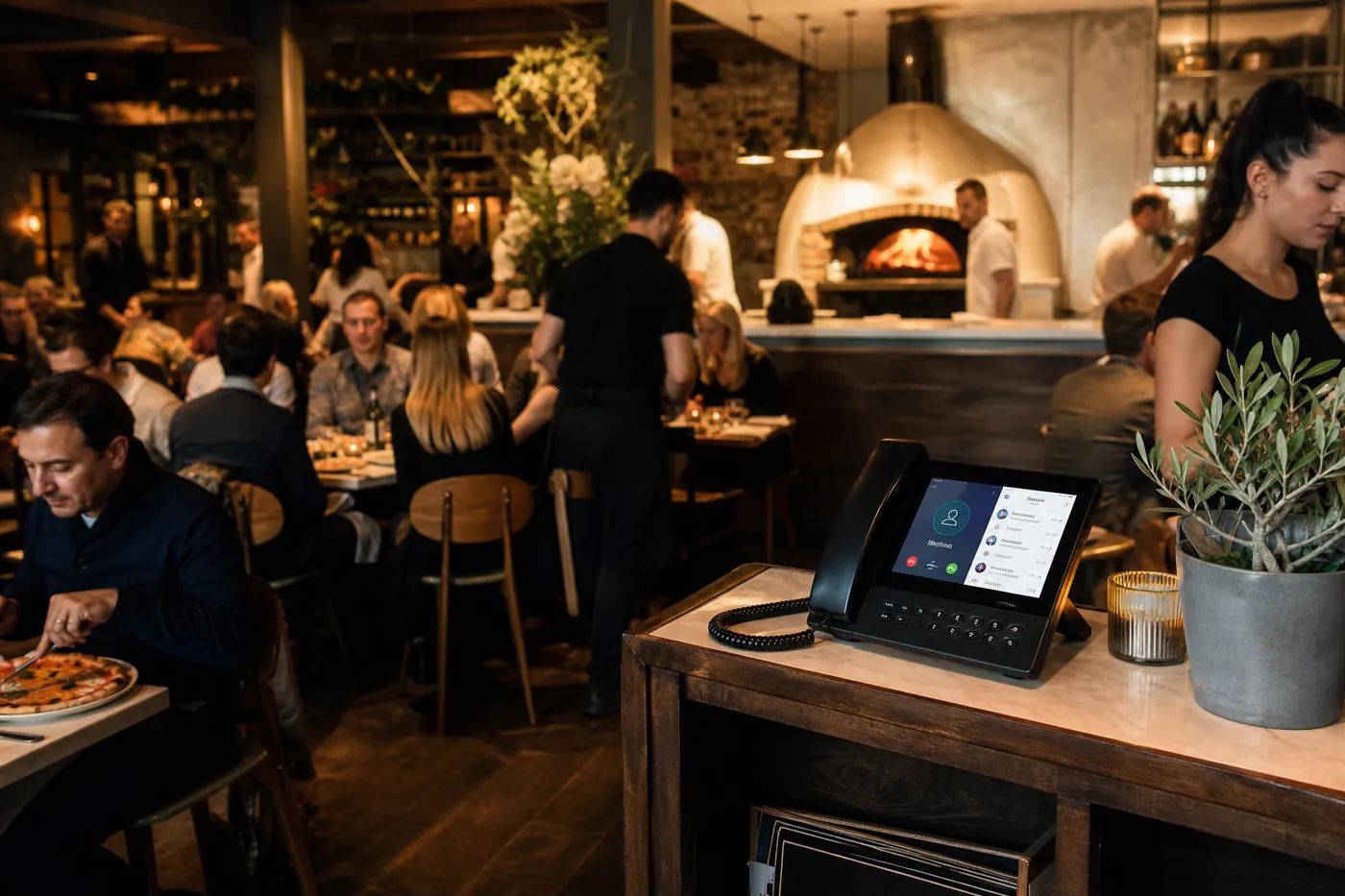Busy pizzeria during dinner service with staff serving tables and phone ringing at the host stand