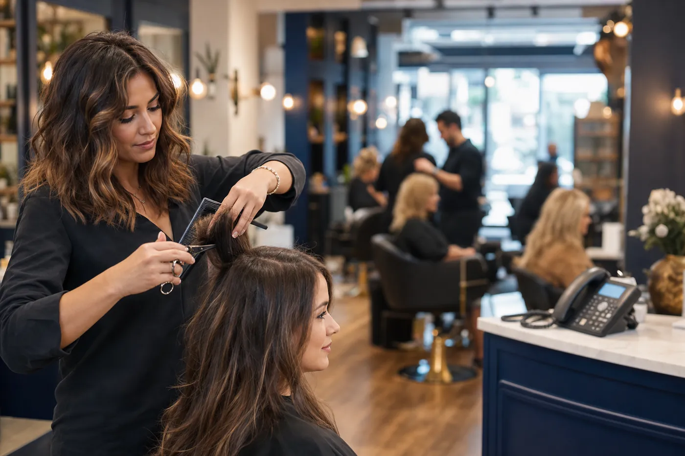 Busy hair salon with stylists serving clients while the front desk phone rings