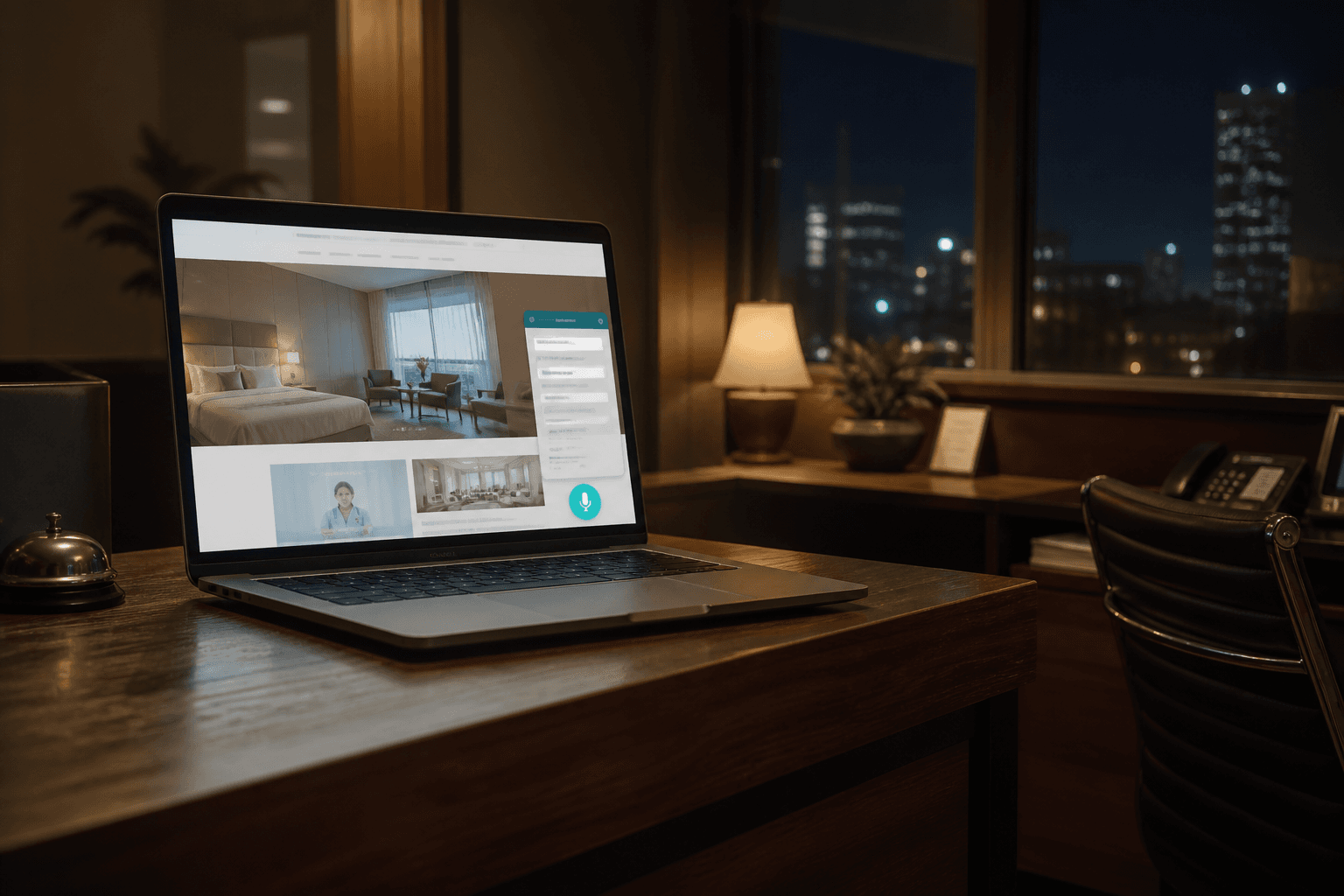 Laptop on a dark reception desk at night showing a website chat and voice button with city lights outside