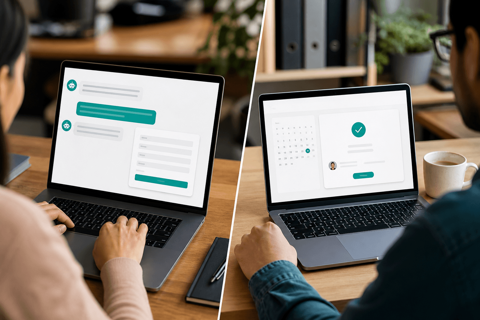 Two laptops on a desk — one stuck on a contact form chatbot, the other showing a confirmed booking calendar