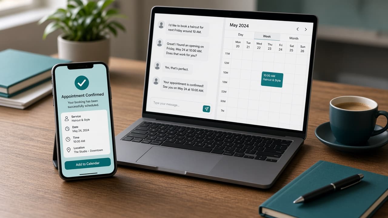 Phone showing a booking confirmation beside a laptop with an AI chat that just reserved an appointment