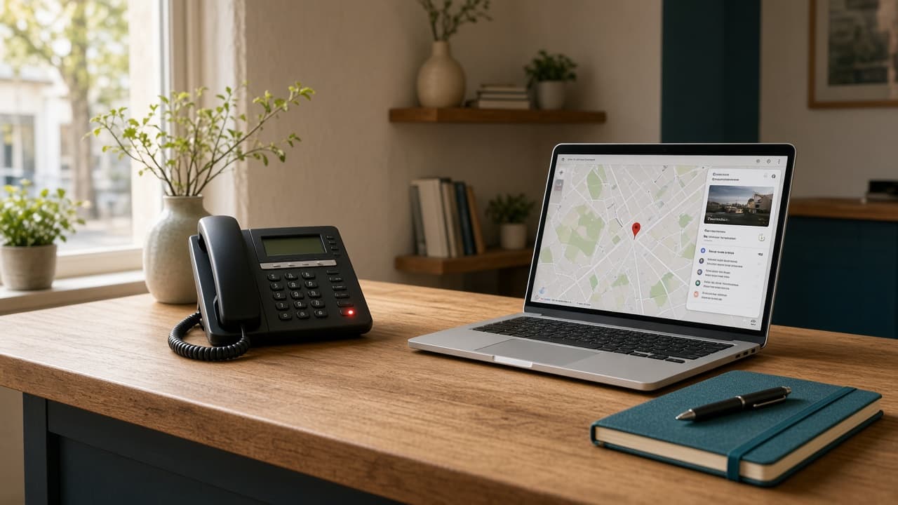 Front desk phone ringing beside a laptop showing a local business listing and map results