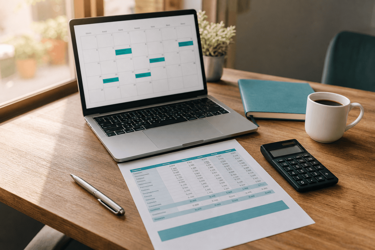 Wooden desk with a calculator, cost worksheet, coffee cup, and a laptop showing a booking calendar