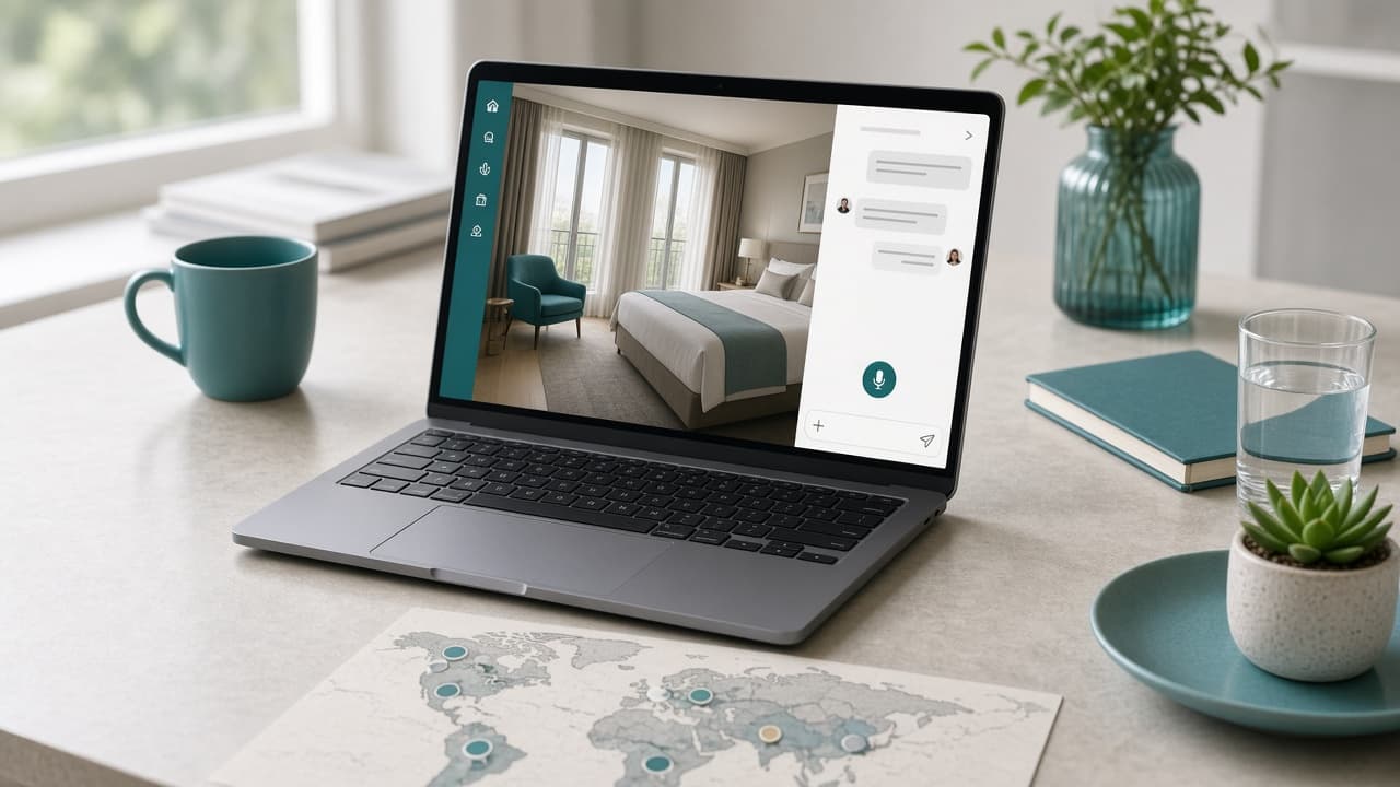 Laptop showing a business website with chat and a voice button beside travel tags on a sunlit desk
